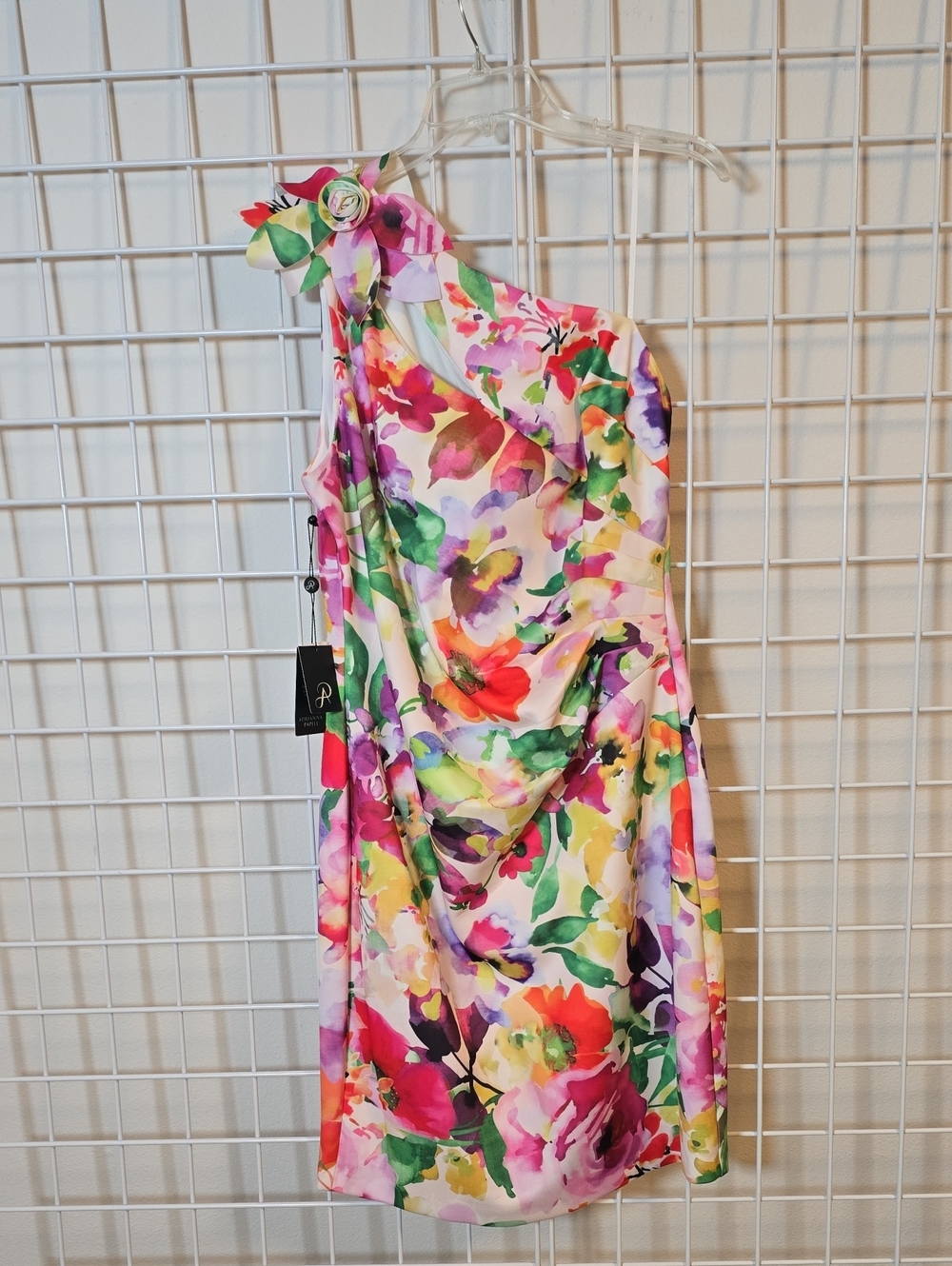 Adrianna Papell One-Shoulder Floral Dress in Pink Multicolor Size 14 NWT